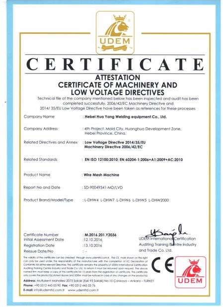 중국 Hebei Huayang Welding Mesh Machine Co., Ltd. 인증